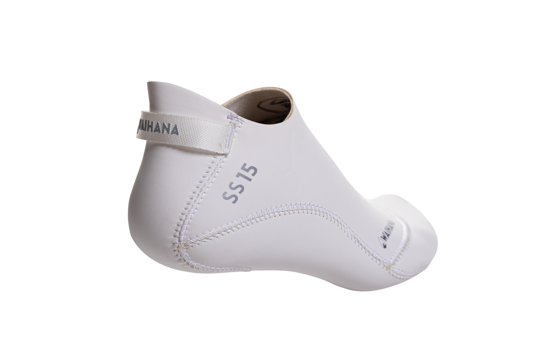 White neoprene Waihana SS15 dive sock with ankle strap and stitched seams photographed against a black studio background.