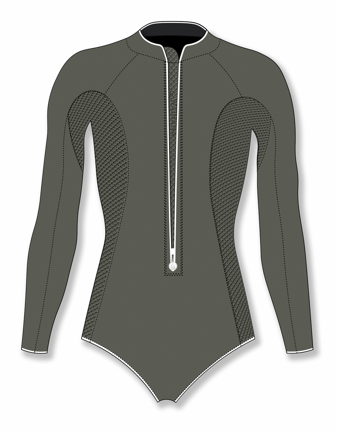 Front-view digital illustration of a women's olive green long-sleeve springsuit wetsuit featuring scale-textured shoulder and side panels, a center front zip with white zipper pull, and white trim along the collar and hem.