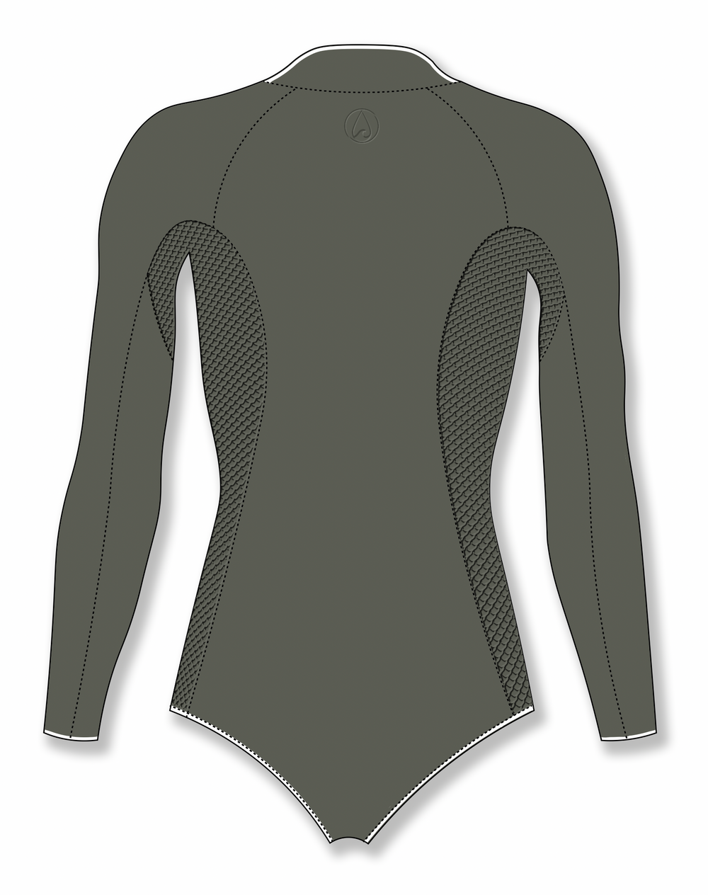 Back view technical illustration of a women's long-sleeve neoprene springsuit in olive green with scale-textured side panels, white trim edging, and an embossed Waihana logo at the upper back.