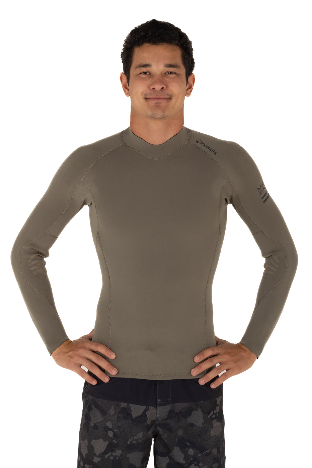 Male model wearing the Waihana Men's Ranger Green long-sleeve rear-zip surf rashguard top, shown from the front on a white background.