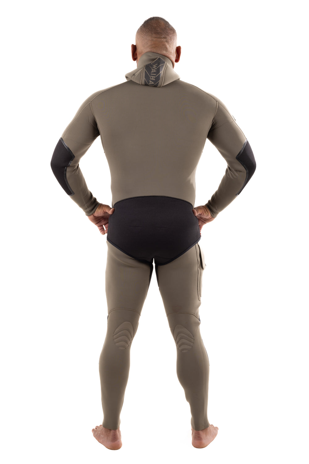 Back view of a male model wearing the Waihana Men's Ranger Green Essentials Pro 3.0mm two-piece wetsuit with black accent panels, knee pads, and a hooded top.